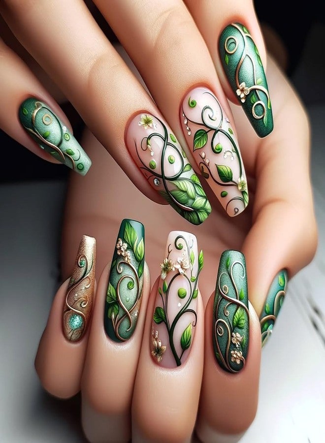 CJDLTS Green Press on Nails Medium Ballet Shaped Green Vine False Nail Spring Manicure Acrylic Glossy Glue on Nails Press Ons Fingernails Full Cover Artificial Stick on Nail for Women 24Pcs - Image 1